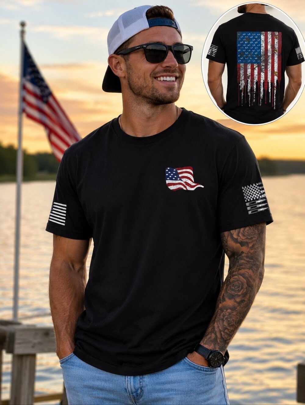 Patriotic American Flag Black Graphic Tee